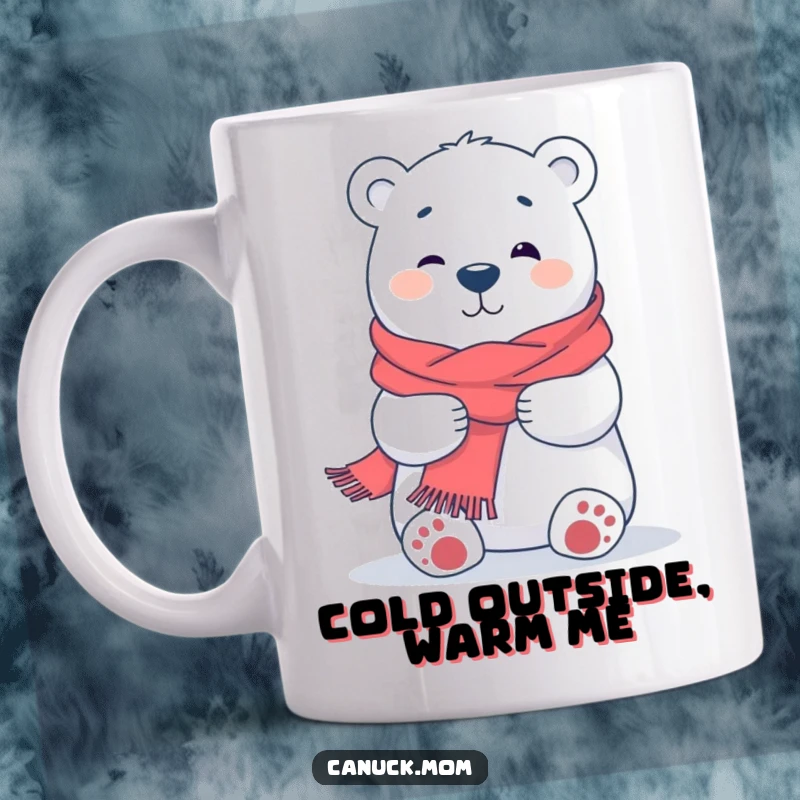 Funny Polar Bear Hug Mug, a cute cartoon polar bear with a scarf, offering a big hug, perfect for cozy mornings.