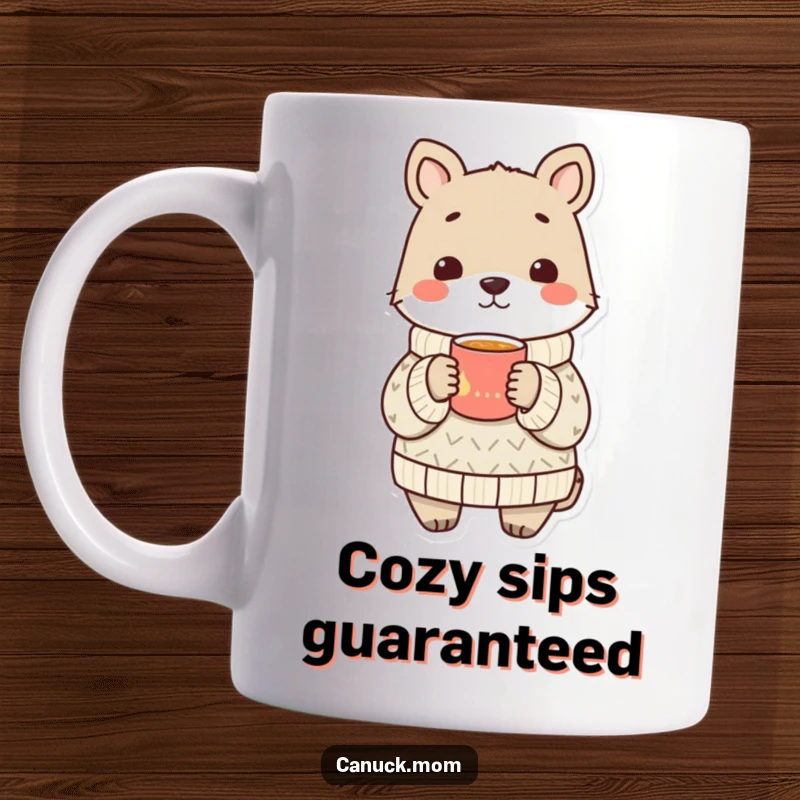 Funny animal wearing a cozy sweater, smiling while sharing a warm drink, a comforting mug.
