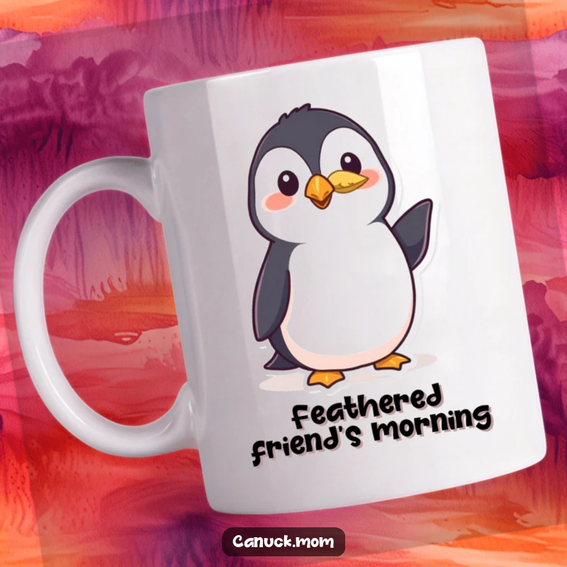Funny puffin mug showcasing a polite bird wearing a small feather and giving a friendly nod, ideal for bird enthusiasts.