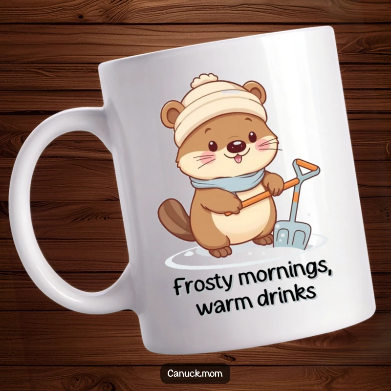 Funny Kawaii Beaver Mug: A cute beaver in a toque shoveling snow with a tiny shovel, looking determined.