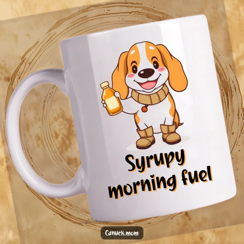Funny Basset Hound Mug: A happy dog in boots holds maple syrup, ready for a sweet breakfast.
