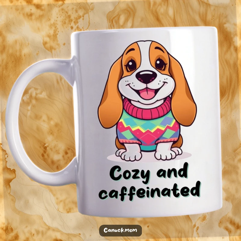 Funny Basset Hound Mug: A smiling dog in a colorful knitted sweater, radiating warmth and cuteness.
