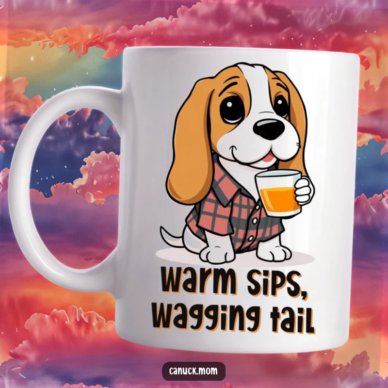 Funny Basset Hound Mug: A relaxed hound in a plaid shirt politely offers a steaming cup of tea, embodying cozy charm.