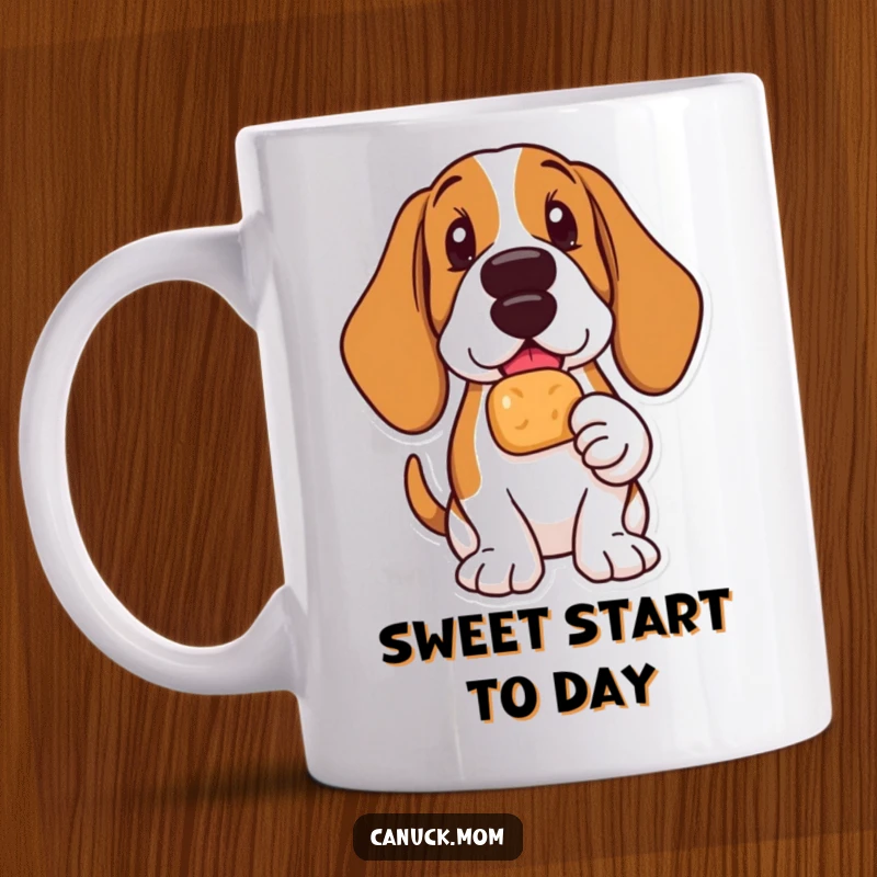 Funny Basset Hound mug showing a happy dog delightedly holding a Timbit in its paw, eyes sparkling with joy.