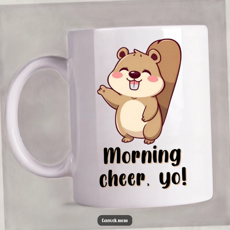 Funny mug of an animal character with a prominent beaver tail, enthusiastically waving hello.