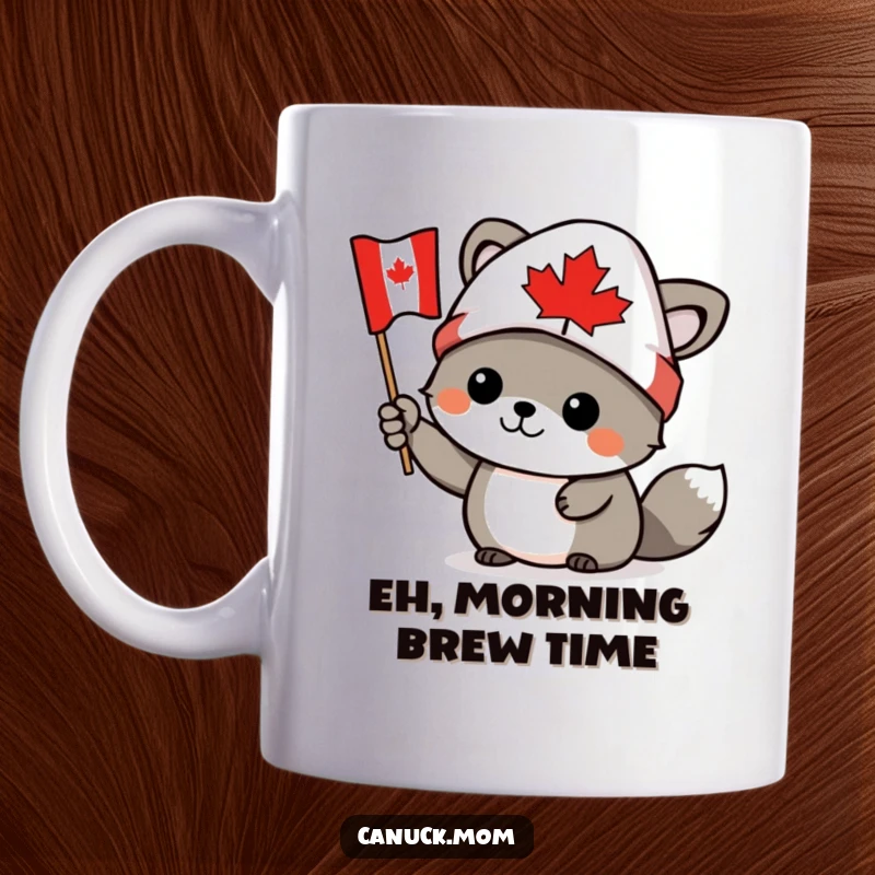 Funny Canadian animal character wearing a toque, happily waving a tiny Canadian flag, on a mug, a great funny gift.