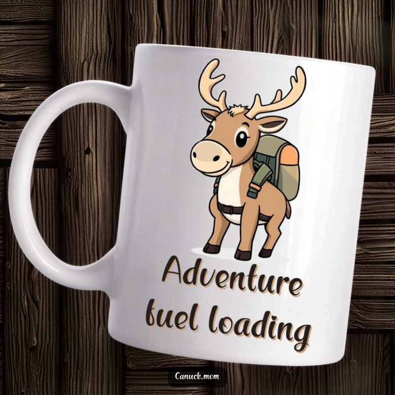 Funny determined caribou with a backpack, setting off on an adventure on a mug.