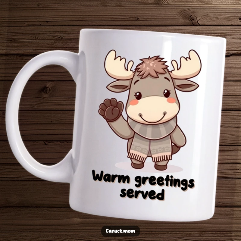 Funny, cheerful moose wearing a knitted scarf waves a friendly paw on a delightful mug.