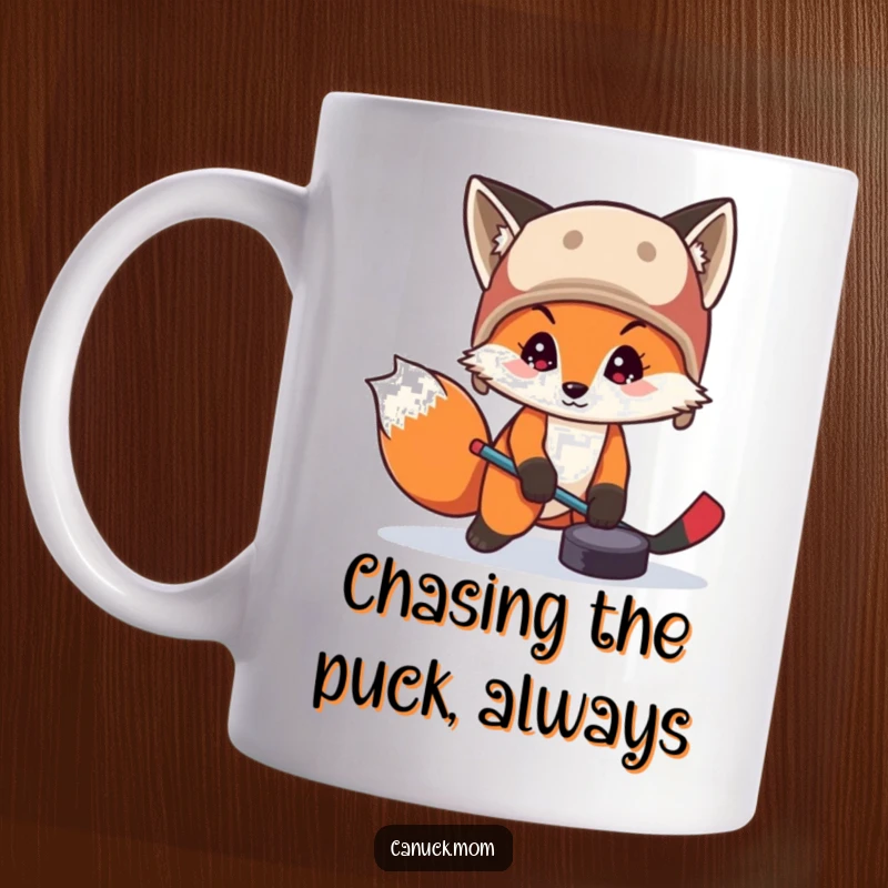 Funny fox in a trapper hat playing hockey with a puck on a mug, captured mid-play with energetic, humorous flair.