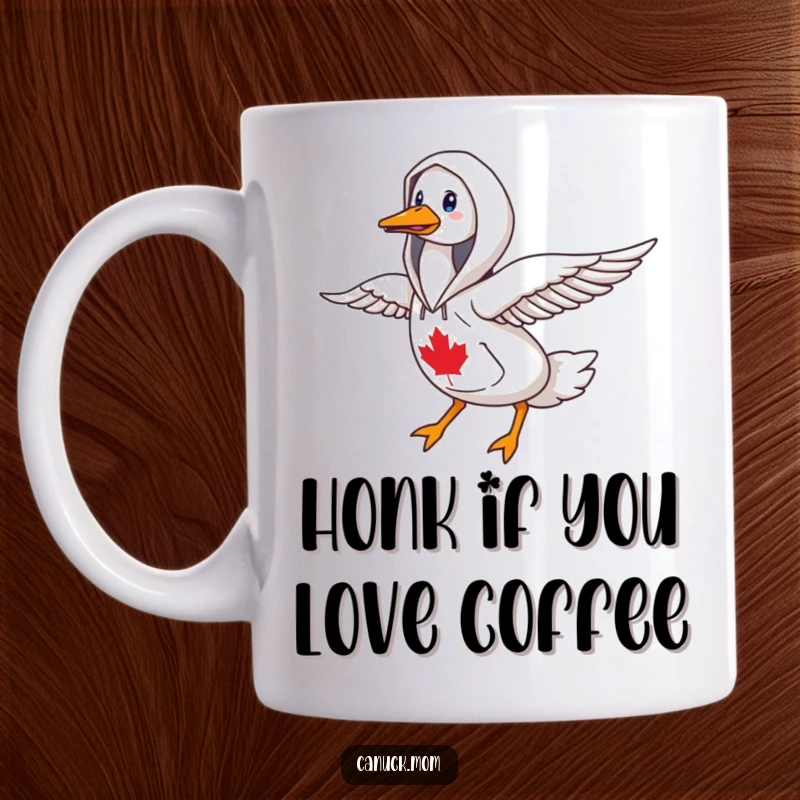 Funny goose wearing a blue and red Canadiana hoodie, flying determinedly towards the north.