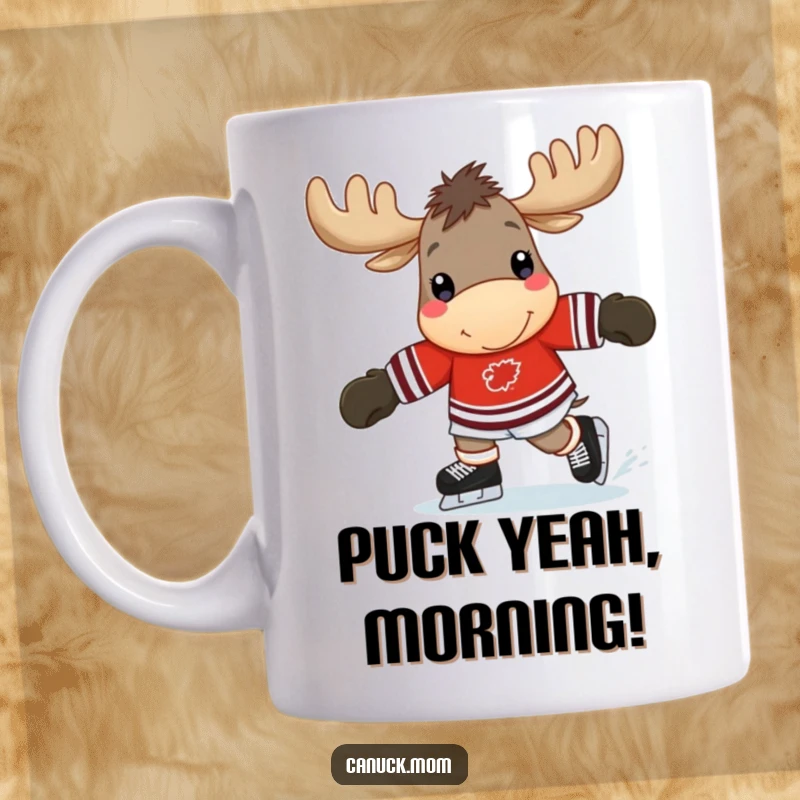 Funny moose mug showing a cheerful moose wearing a hockey jersey, poised on skates, ready to play the game.
