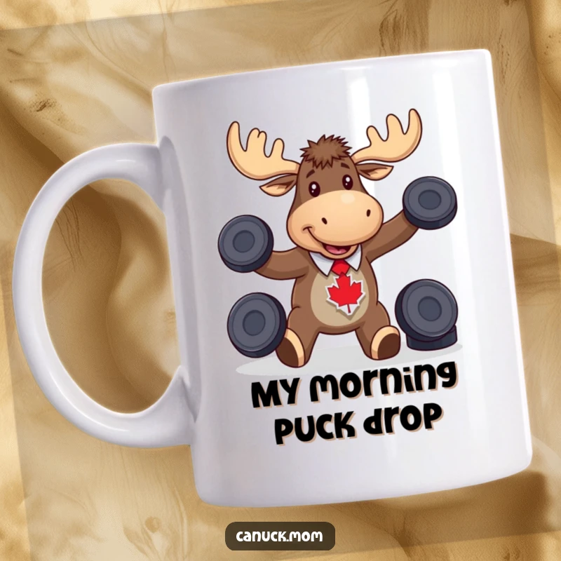 Funny moose wearing a maple leaf tie, happily juggling hockey pucks with skill, embodying Canadian spirit.
