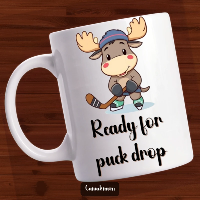 Funny moose character in a cheerful pose, clutching a hockey stick, ready for a game, printed on a sturdy mug.