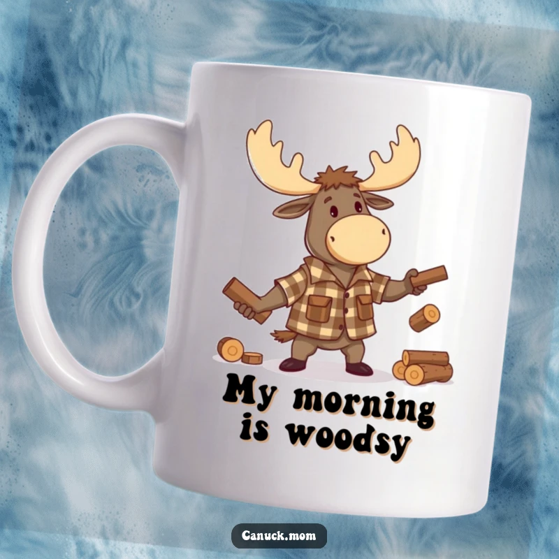 Funny Moose Lumberjack Mug, a cartoon moose with a beard in a flannel shirt, cheerfully juggling small logs, perfect for coffee lovers.