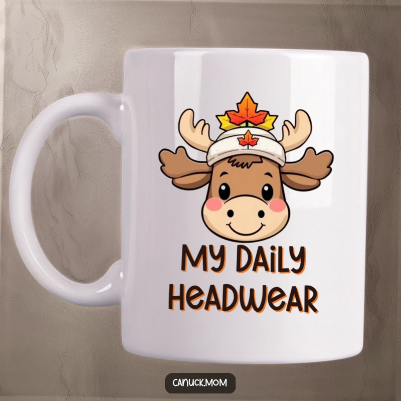 Funny Moose Mug with tiny maple leaf hat, smiling and exuding Canadian charm, perfect for cozy, humorous moments.