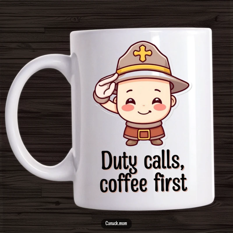 Funny Mountie hat mug with a cheerful face saluting bravely, showcasing Canadian pride and humor for a delightful coffee or tea experience.
