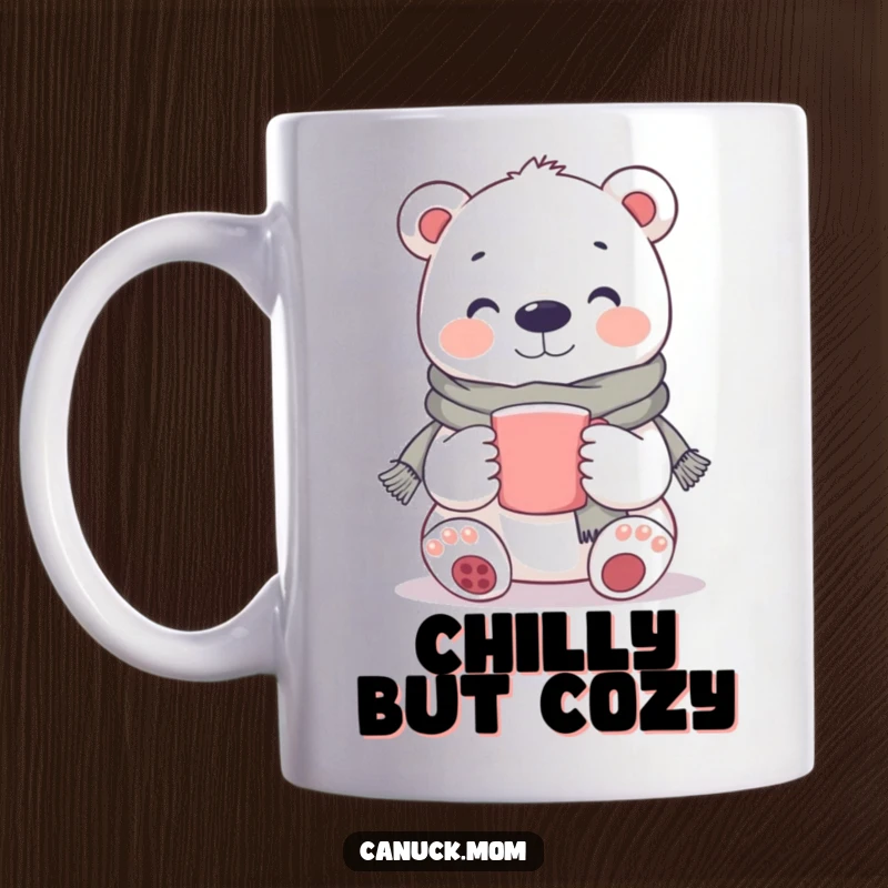Funny Polar Bear Mug: A happy polar bear wearing a scarf, holding a warm mug, radiating cozy cheerfulness.