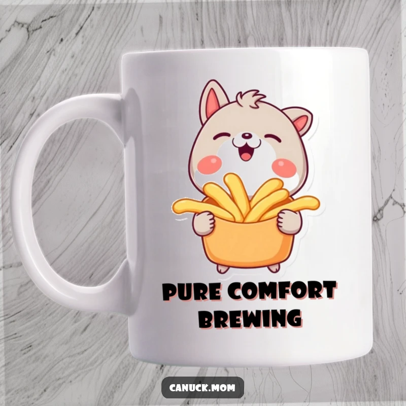 Funny mug of an animal character happily holding and smiling at a plate of poutine.