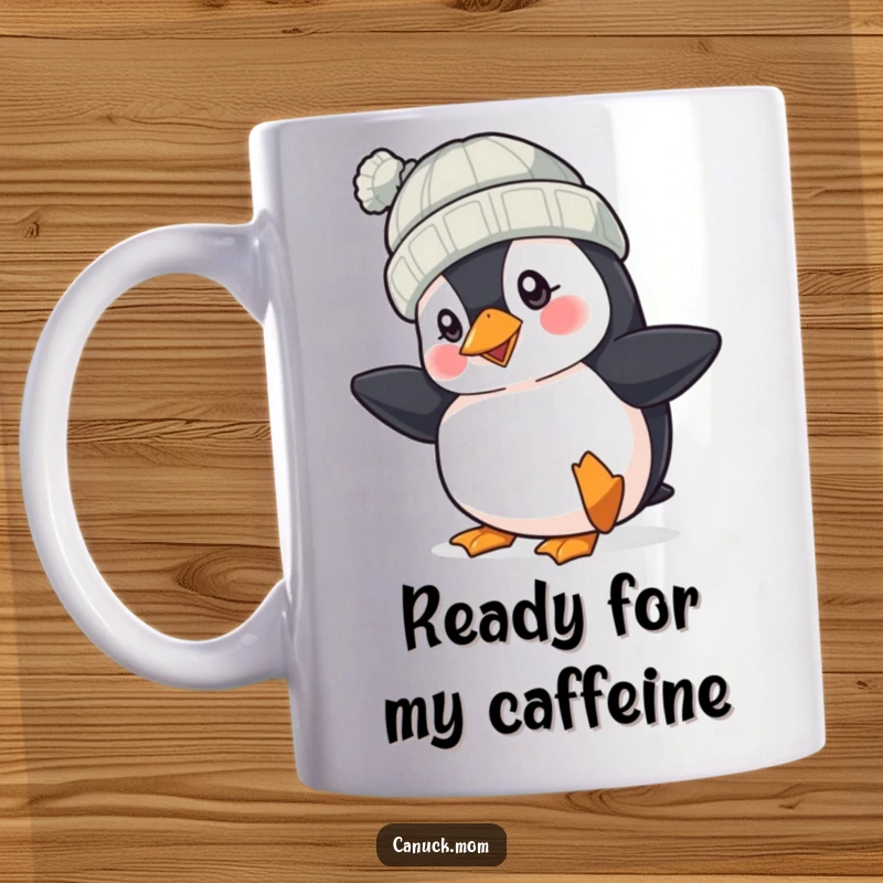 Funny Puffin Hat Mug: A cheerful puffin in a knit hat taps its foot energetically, radiating fun and a quirky personality.