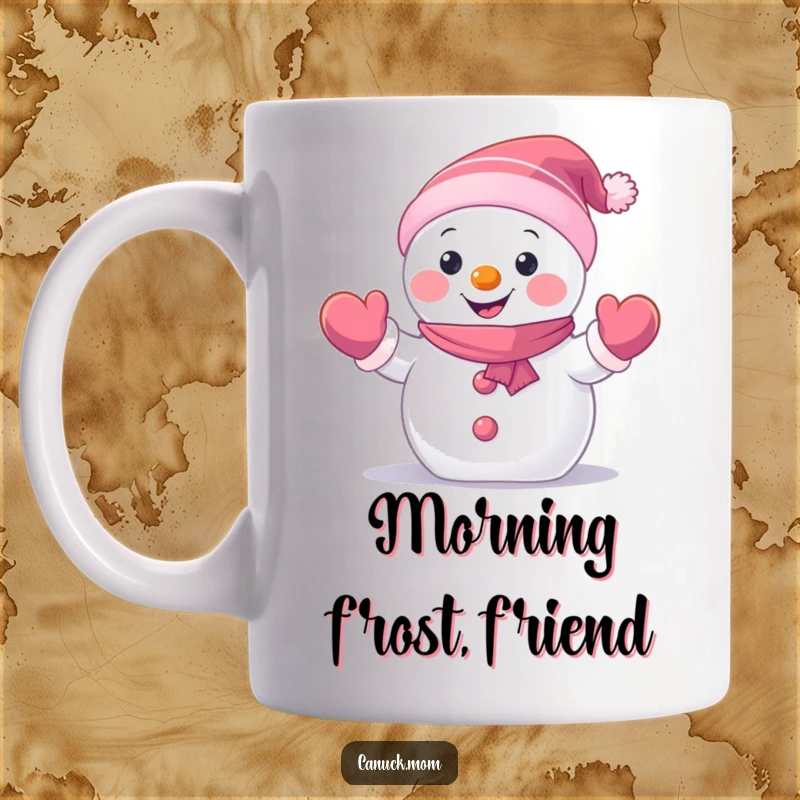 Funny Snowman Mug with a happy, small snowman character wearing mittens and waving hello, perfect for winter and a funny gift.