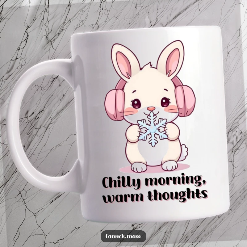 Funny winter rabbit wearing ear muffs holding a snowflake, cute and cozy mug design for winter lovers.