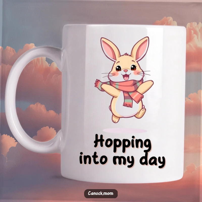 Funny snowshoe hare mug, depicted as a happy bunny wearing a scarf and hopping excitedly, conveying winter joy and playful energy.