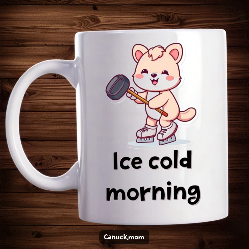 Funny animal joyfully ice skating with a hockey puck and stick, a humorous mug for hockey lovers.