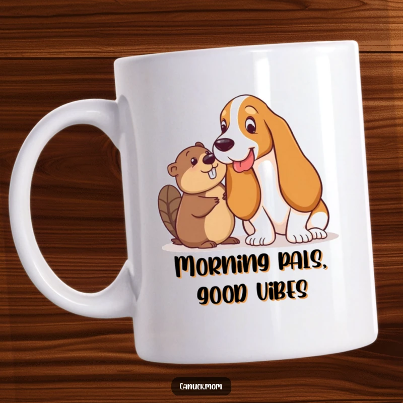 Funny Basset Hound and Beaver Mug: A Basset Hound and a Beaver share a secret, playful glance, highlighting an unlikely friendship.