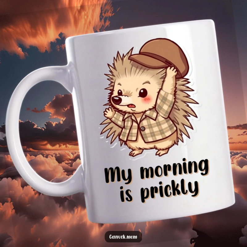 Funny porcupine in a plaid shirt playfully throwing a hat, unique and humorous mug design.