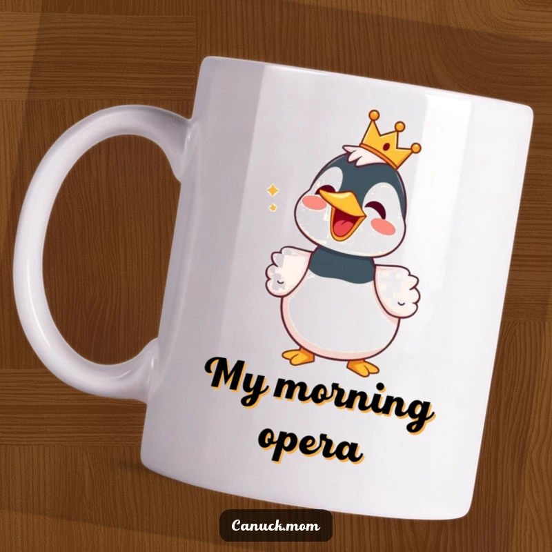 Funny Loon Mug with a tiny crown, joyfully singing a song, perfect for a quirky and humorous gift.