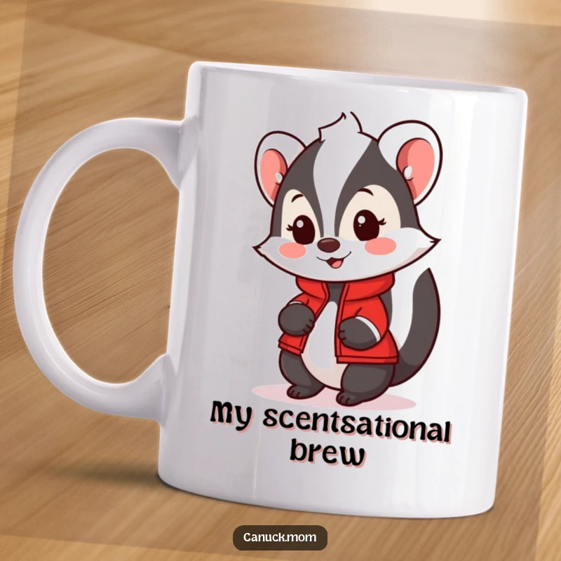 Funny Skunk Mug wearing a tiny red jacket, looking charming and friendly, a humorous and cute collectible.