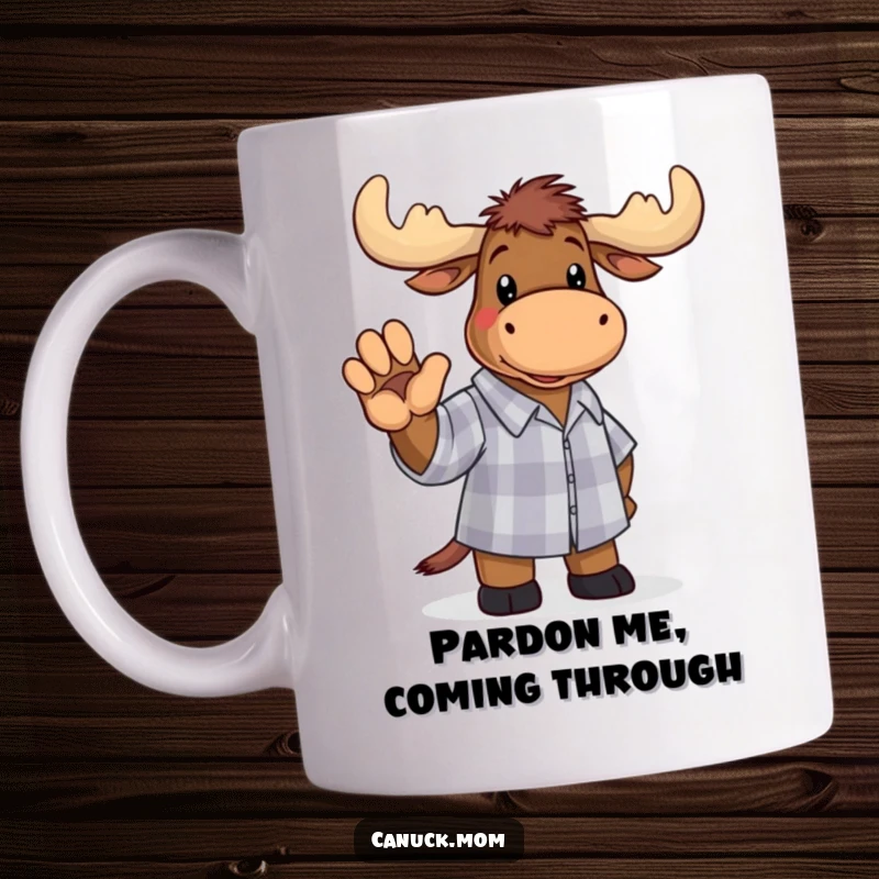 Funny moose in a checkered shirt waving a friendly paw, depicted on a mug, bringing woodland humor and cheer.