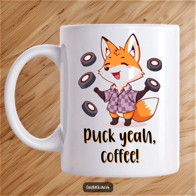 Funny fox wearing a checkered shirt, skillfully juggling multiple hockey pucks with concentration and playfulness.