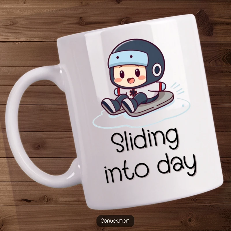 Funny Puck Slide Mug: A hockey puck character comically sliding across an icy surface, radiating pure fun.
