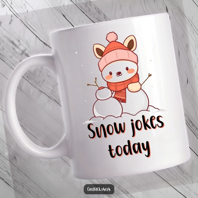 Funny animal wearing a winter hat joyfully building a snowman, perfect for cozy winter mornings on a mug.