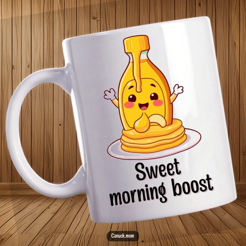 Funny maple syrup bottle character cheerfully pouring syrup onto pancakes, printed on a delightful mug.