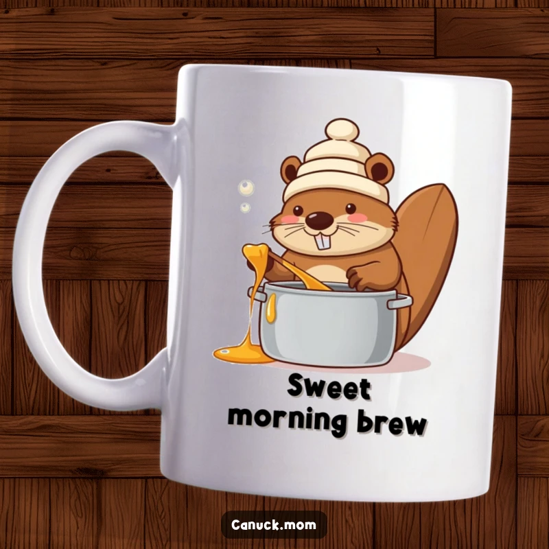 Funny beaver wearing a red toque, stirring a bubbling pot of golden maple syrup, depicted on a ceramic mug, celebrating Canadian pride.