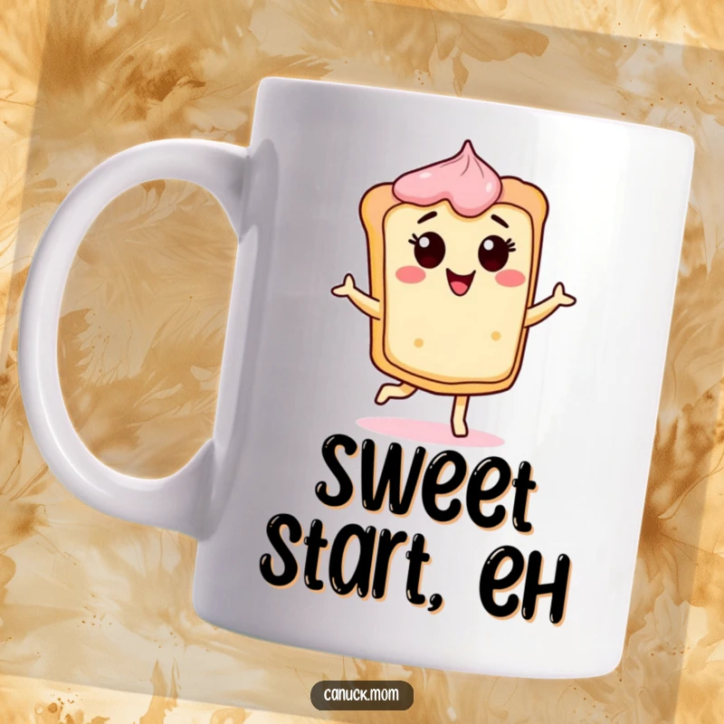 Funny Butter Tart Mug featuring a cheerful, dancing tart character, perfect for pastry lovers and a funny gift.