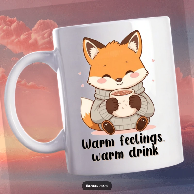 Funny Fox Cocoa Mug: A smiling fox bundled in a cozy sweater sips hot cocoa, radiating warmth and happiness.
