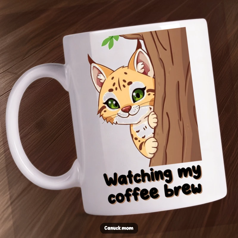 Funny Lynx Mug with a curious gaze, peeking playfully from behind a tree, a humorous and intriguing gift.
