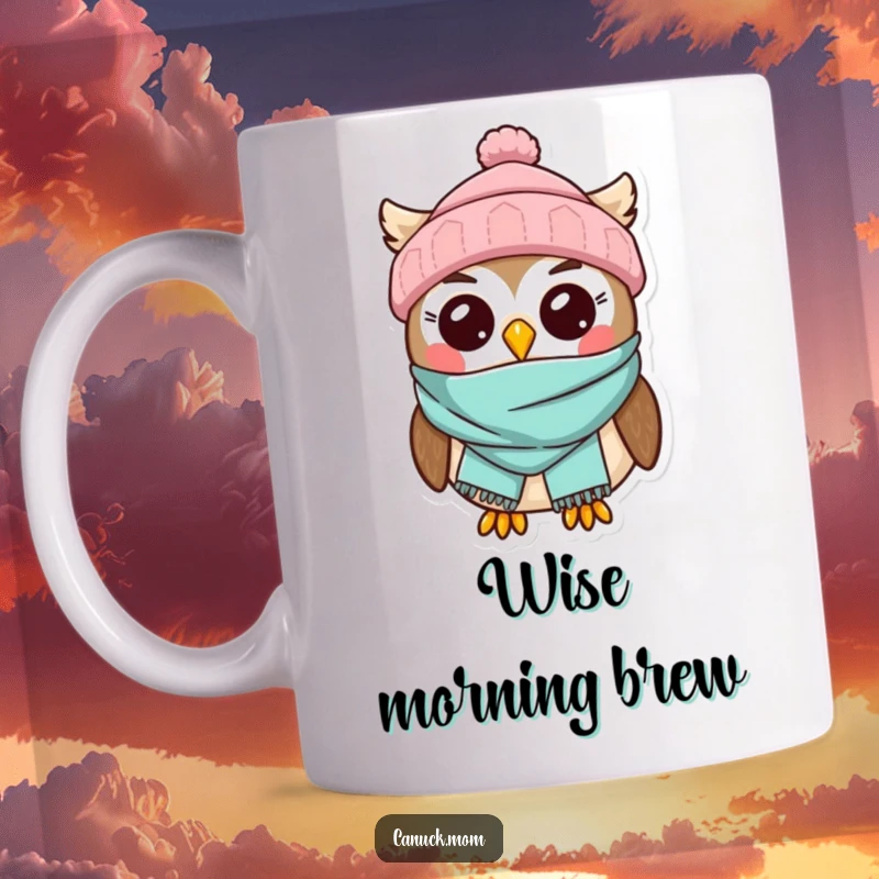 Kawaii Owl Mug wearing a toque and scarf, looking super cute and ready for winter fun.