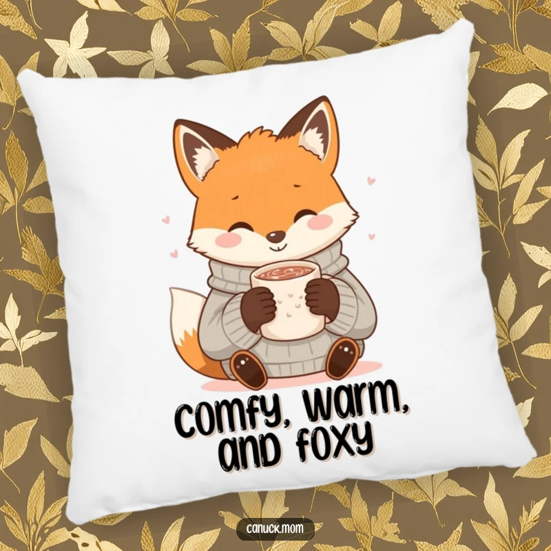 Funny Fox Cocoa Pillow: A smiling fox in a cozy sweater sips hot cocoa, designed for cozy comfort and humor.