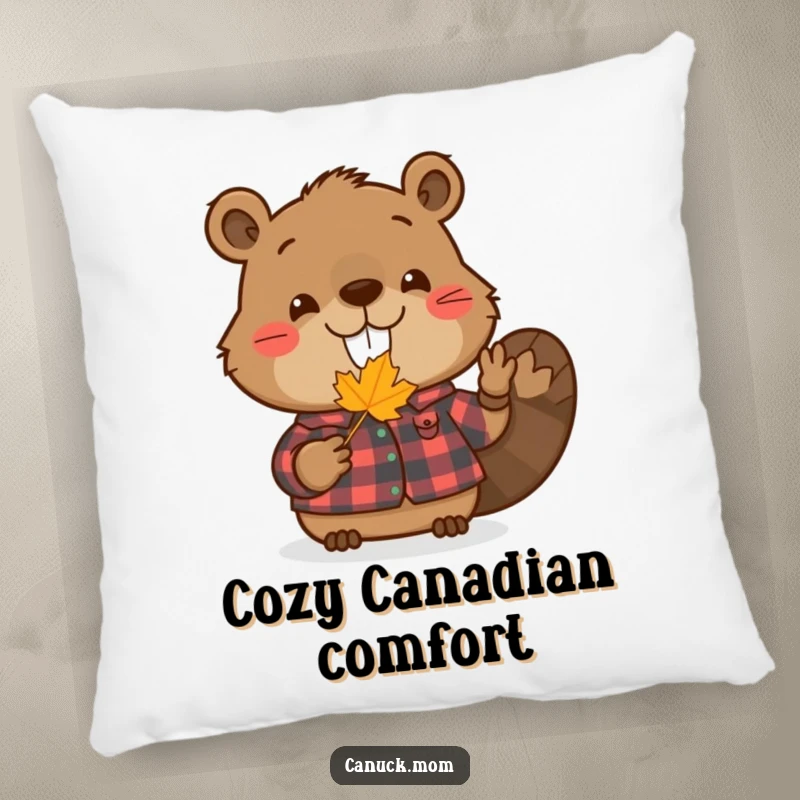 Funny beaver pillow featuring a smiling beaver in a flannel shirt, holding a tiny maple leaf, perfect for adding humorous charm.