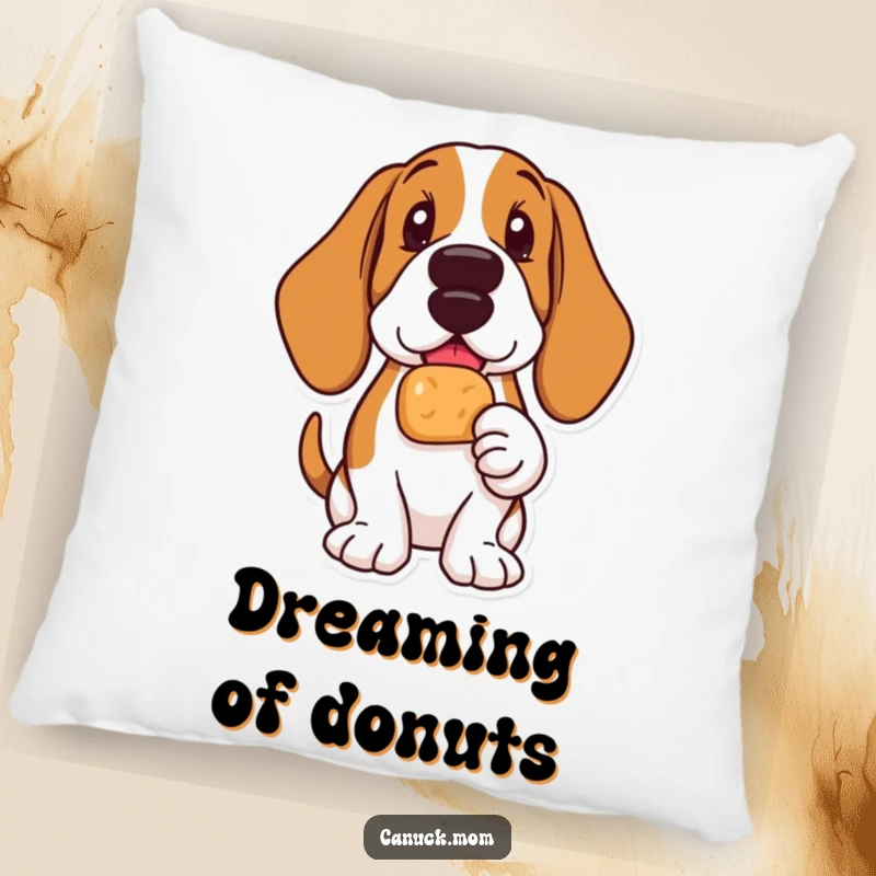 Funny Basset Hound pillow showing a delighted dog holding a Timbit, offering comfort and heartwarming joy.