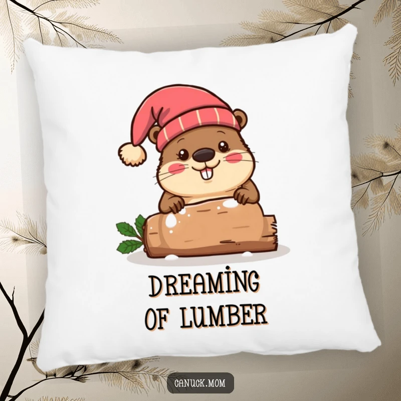 Funny beaver in a toque hat, chopping a festive log, bringing cozy winter vibes to any sofa or chair.