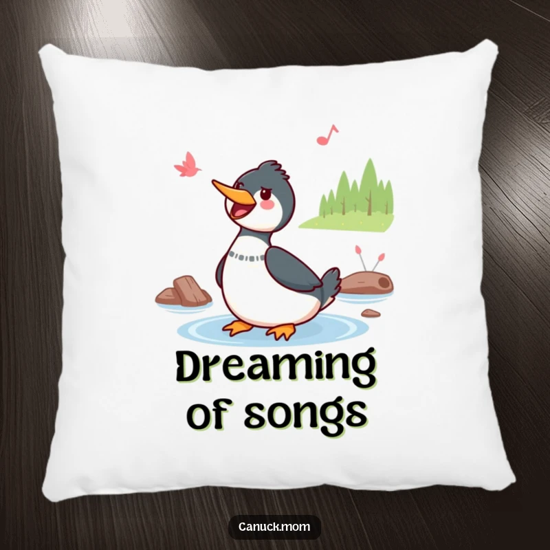 Funny Kawaii Loon Pillow: A cute Kawaii loon sings by a lake, providing cozy comfort and cheerful, nature-inspired relaxation.