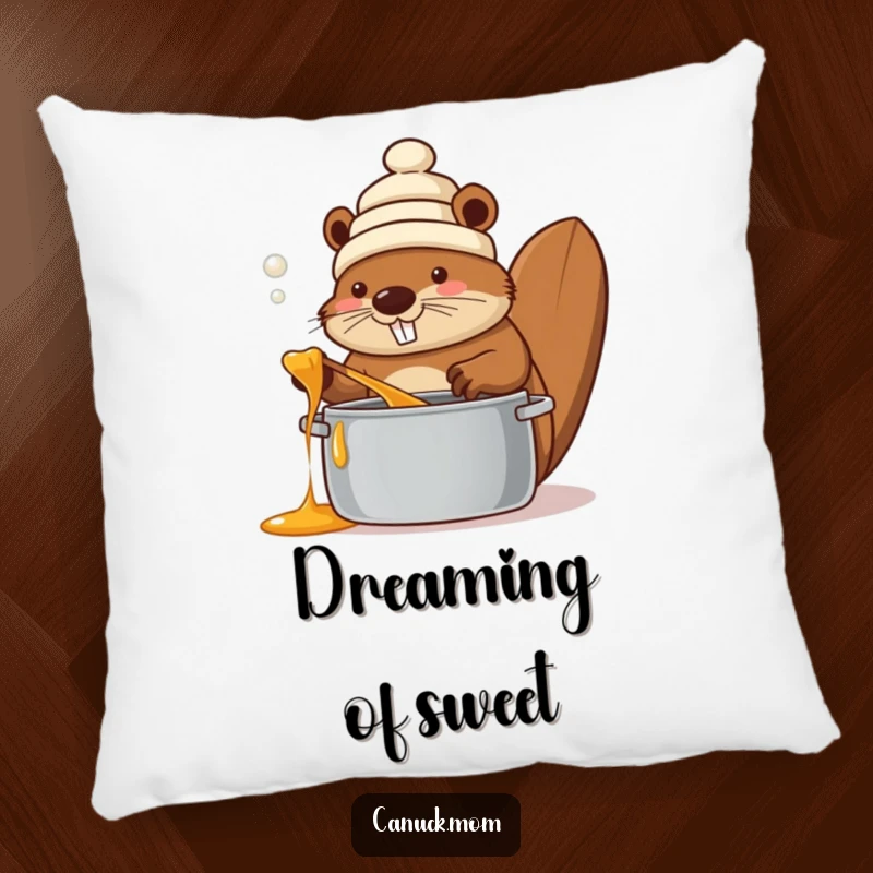 Funny beaver wearing a toque, stirring a pot of maple syrup, on a soft pillow, adding a touch of whimsical comfort.