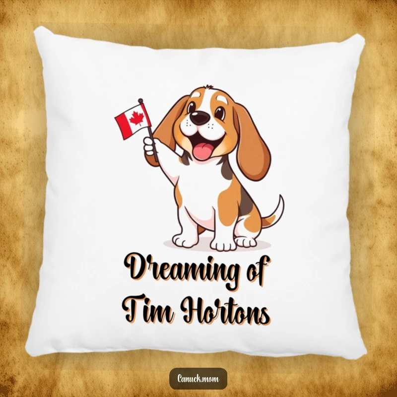 Funny Basset Hound pillow with an enthusiastic Canadian flag wave, adding a touch of patriotic humor and cozy comfort to any seating area.
