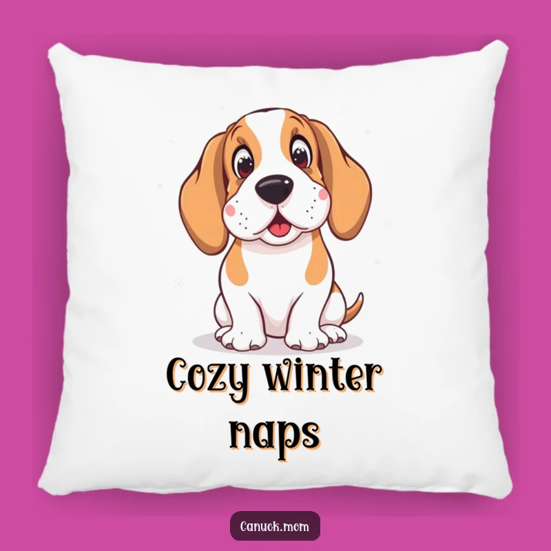 Funny Basset Hound Pillow: Snowflakes & Amused Hound - Cozy Winter Gift