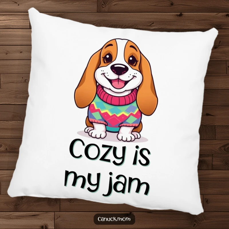 Funny Basset Hound Pillow: A smiling dog in a cozy knitted sweater, perfect for adding comfort and charm.